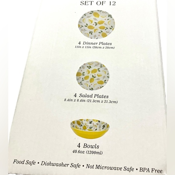 12 Piece Lemon Melamine Dinnerware Dish Set Dinner Plates Salad Plates Bowls New - Picture 3 of 8